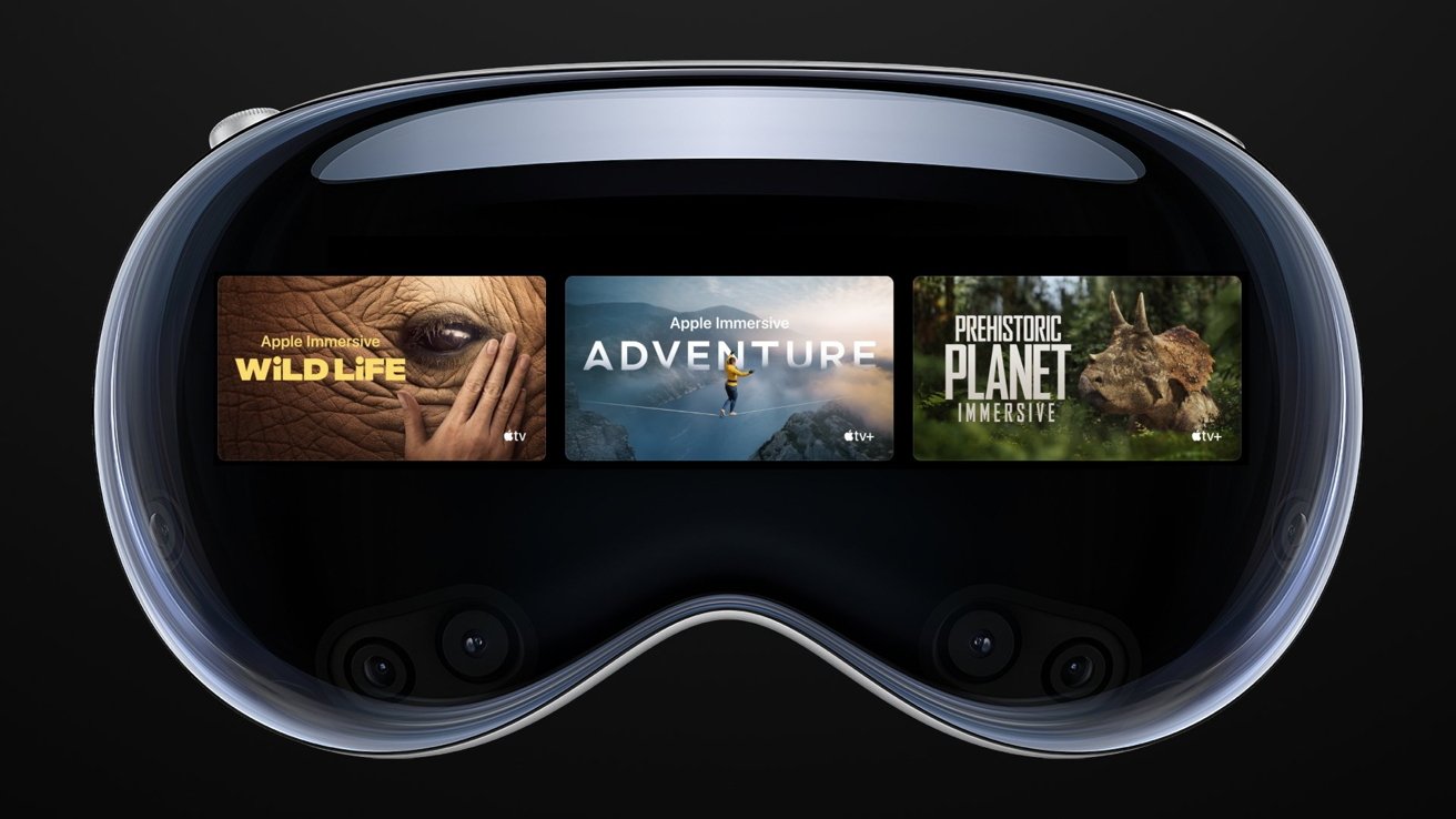 A front view of the Apple Vision Pro glass. Icons for three immersive experiences are shown within.