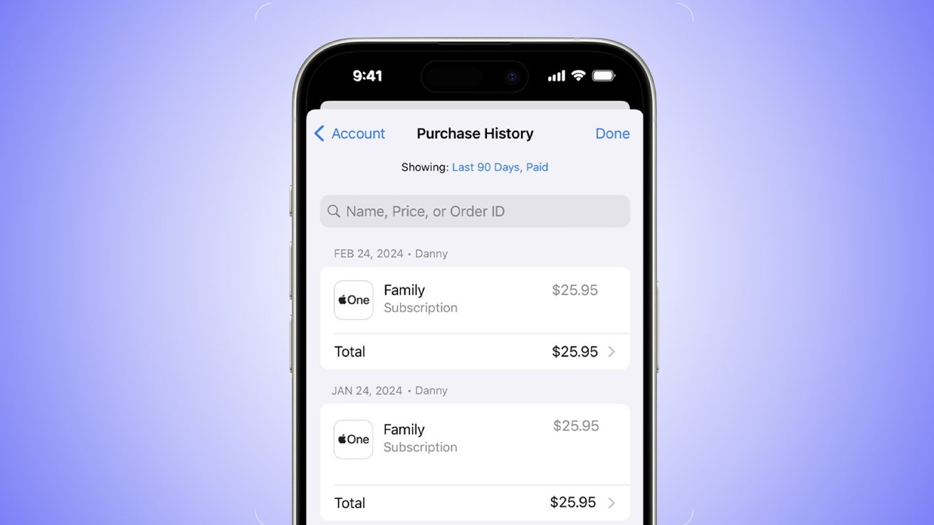 iPhone open to the Purchase History page for the user