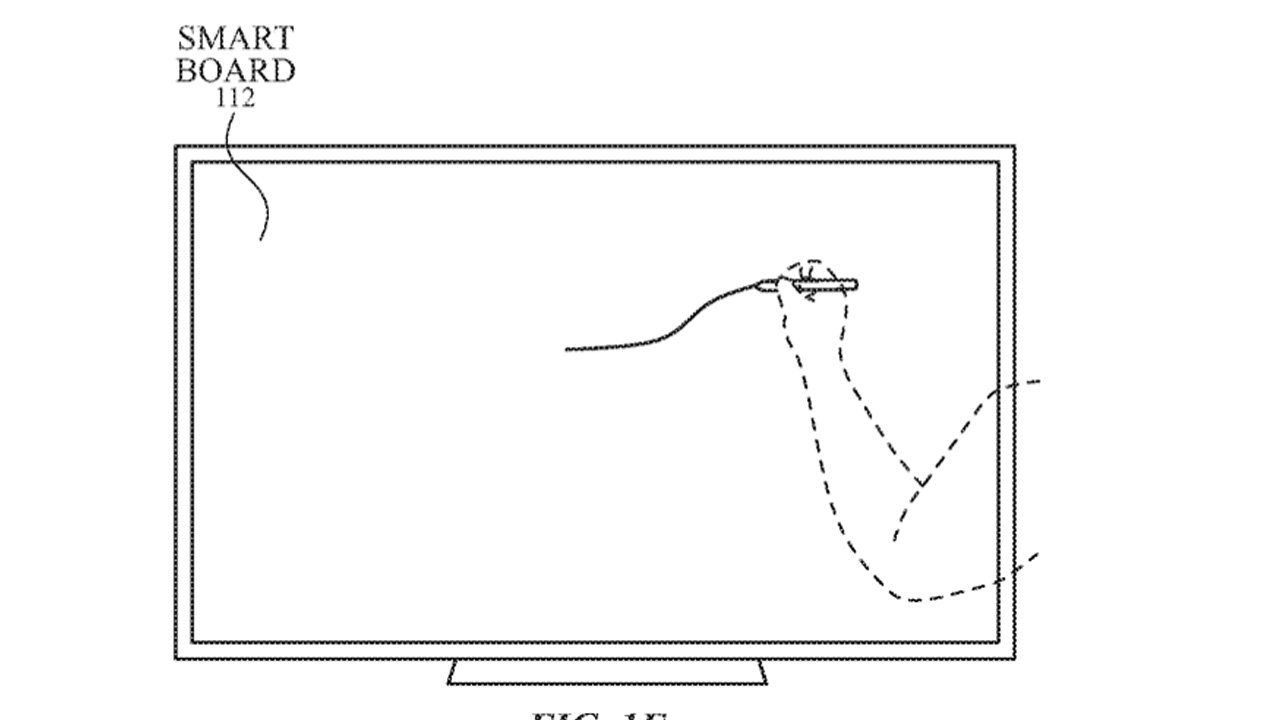 A diagram depicting a stylized finger tracing a line on an interactive SMART board with dashed trajectory lines.