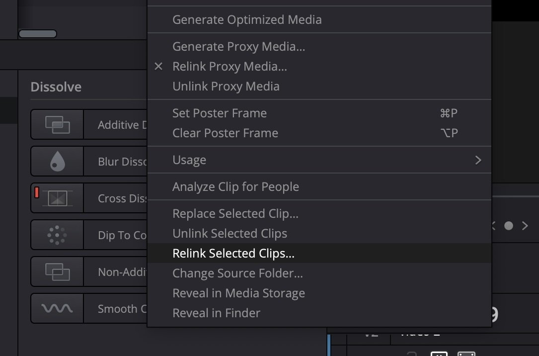 Screenshot of video editing software interface showing various transition effects and menu options for media file management.