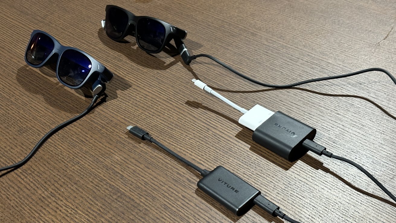 VITURE One XR Glasses review - The adapters for Lightning with the Lite on top, and the adapter for USB-C plus charging on the bottom.