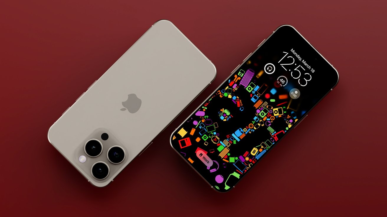 Two rendered iPhones. One face down with a three camera bump. One face up with a colorful wallpaper.