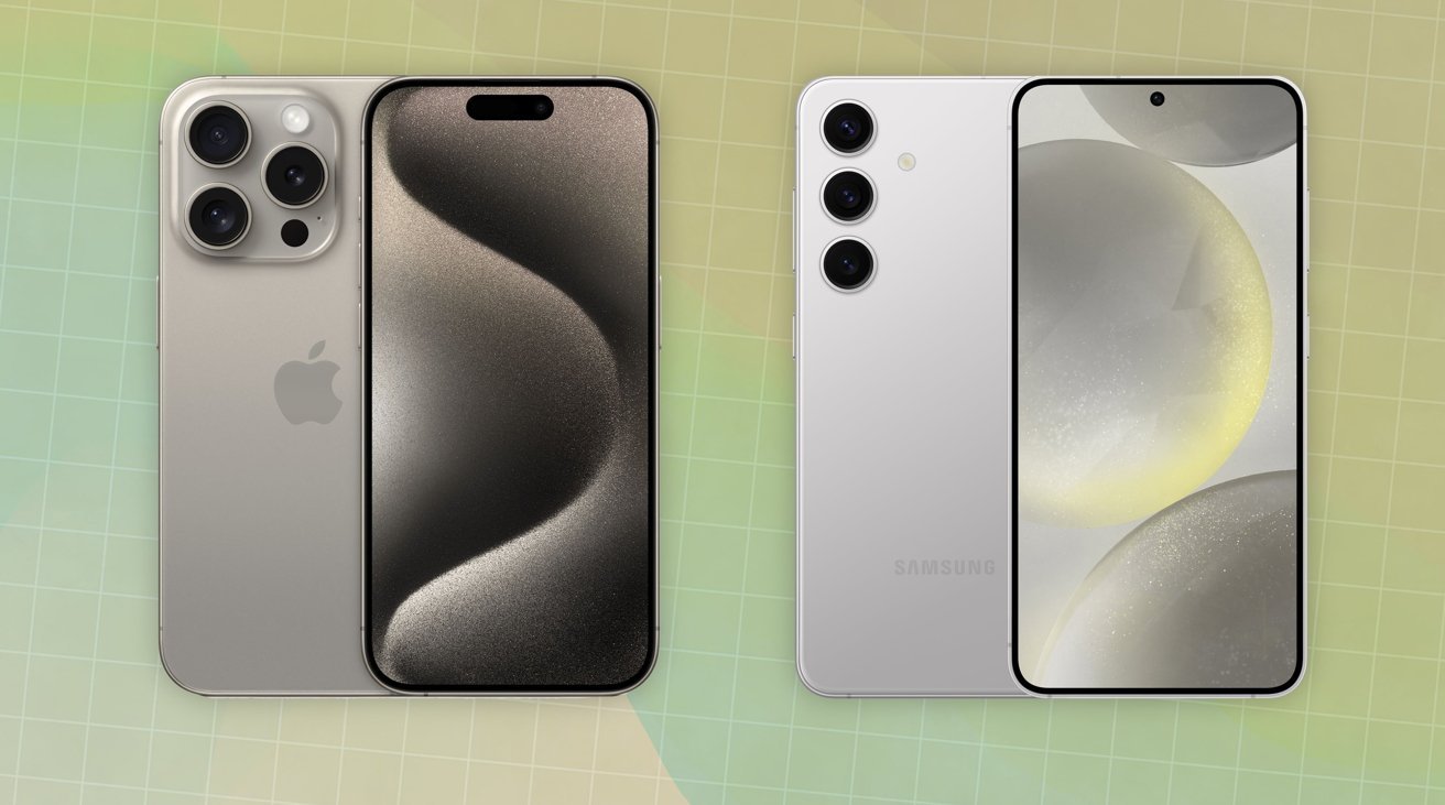 Two smartphones, one from Apple with a triple camera setup and one from Samsung with a single camera, displayed on a grid background.