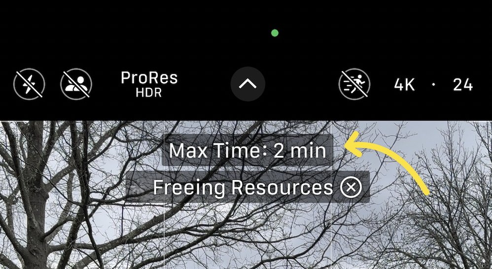 Smartphone camera interface with ProRes HDR, 4K, 24fps settings, and a notification saying 'Max Time: 2 min Freeing Resources'.