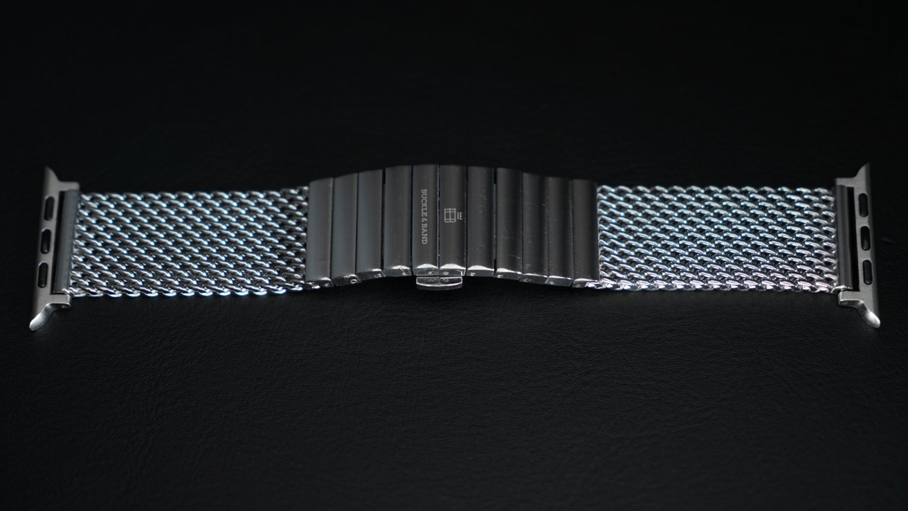 Milanese Stainless Steel Strap for Apple Watch lying flat on a table.