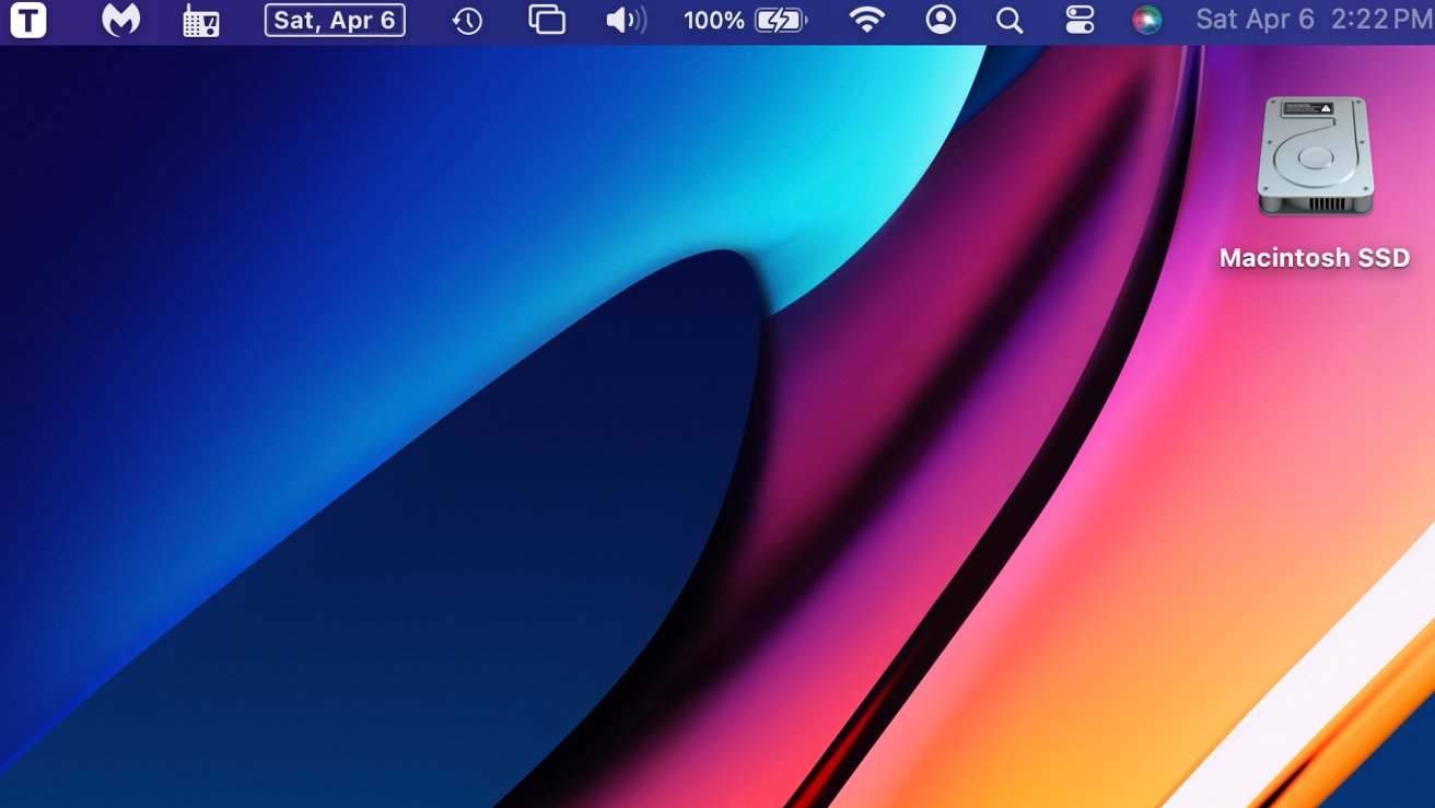 Computer desktop with colorful abstract wallpaper and icons at the top, displaying the date and a hard drive named Macintosh SSD.