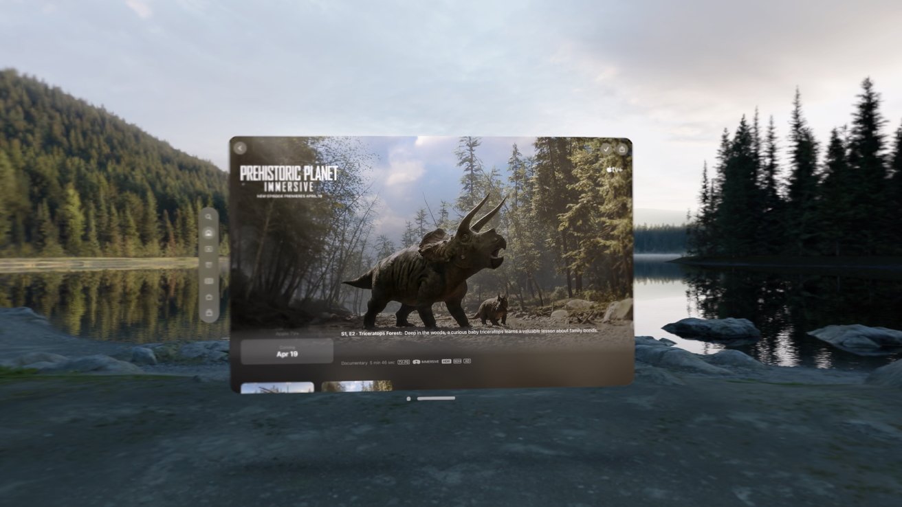 Transparent tablet overlaying a forest scene displaying a CGI triceratops and its offspring from 'Prehistoric Planet' series.