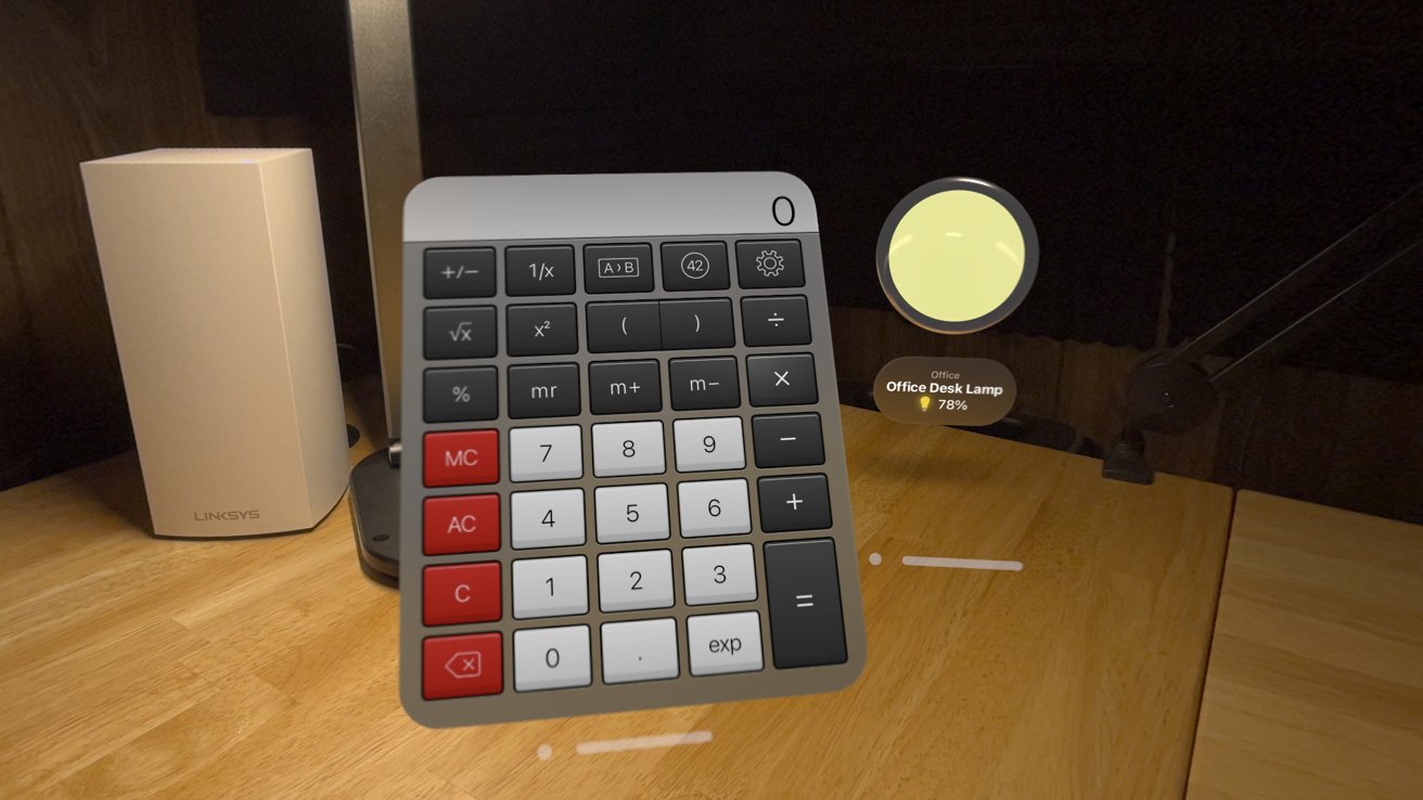A virtual calculator on a desk next to a real lamp and a router with a virtual light control on the right
