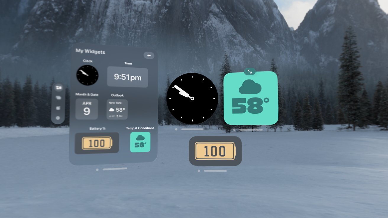 The Widgetsmith app with open widgets like a black wall clock, green weather, and brown battery