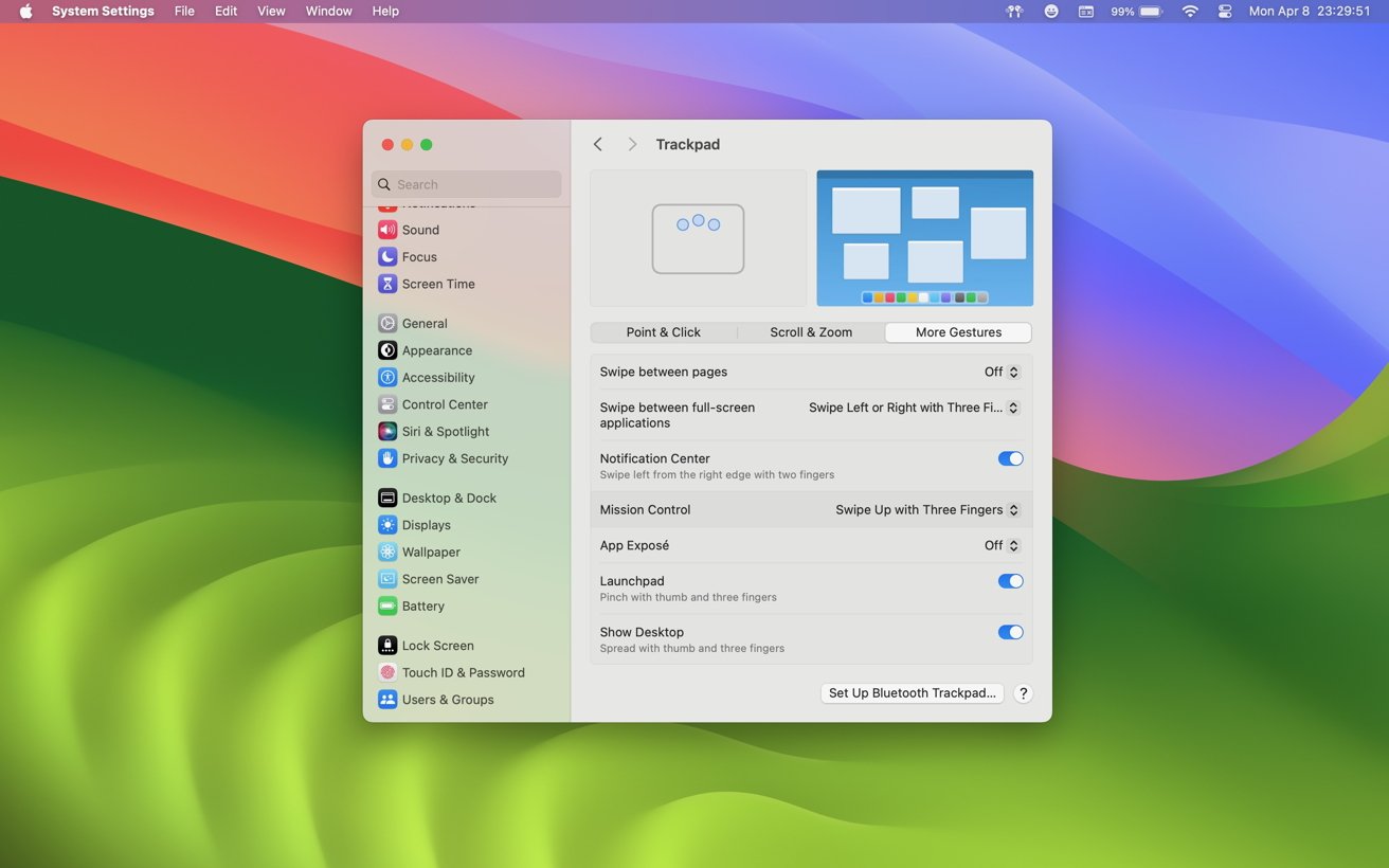 The Trackpad settings menu open on macOS Sonoma