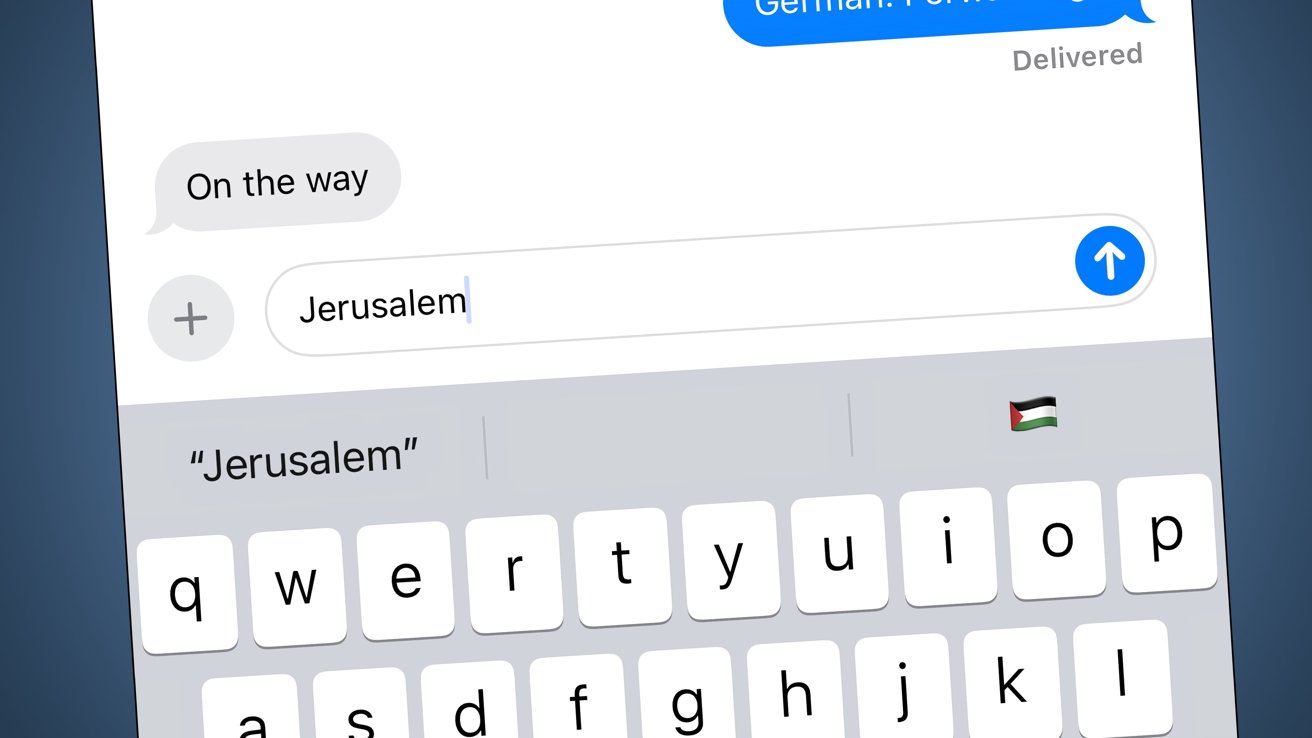 An example of the Palestinian flag showing as a predictive text suggestion for Jerusalem in iMessage