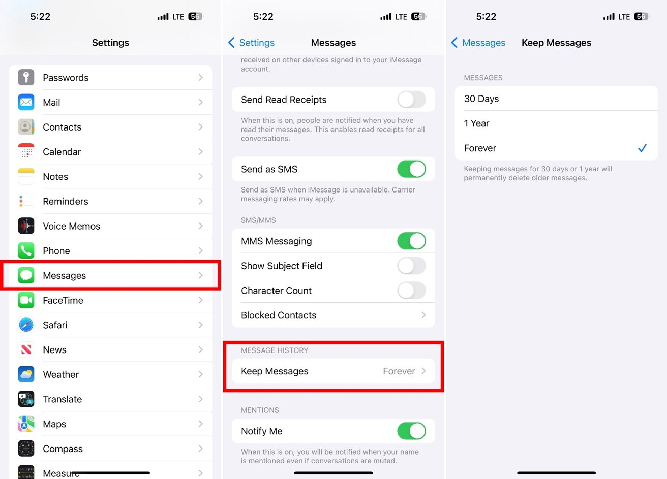 Screenshot of a smartphone's messages settings menu with options for sending read receipts, SMS, and keeping messages history highlighted.