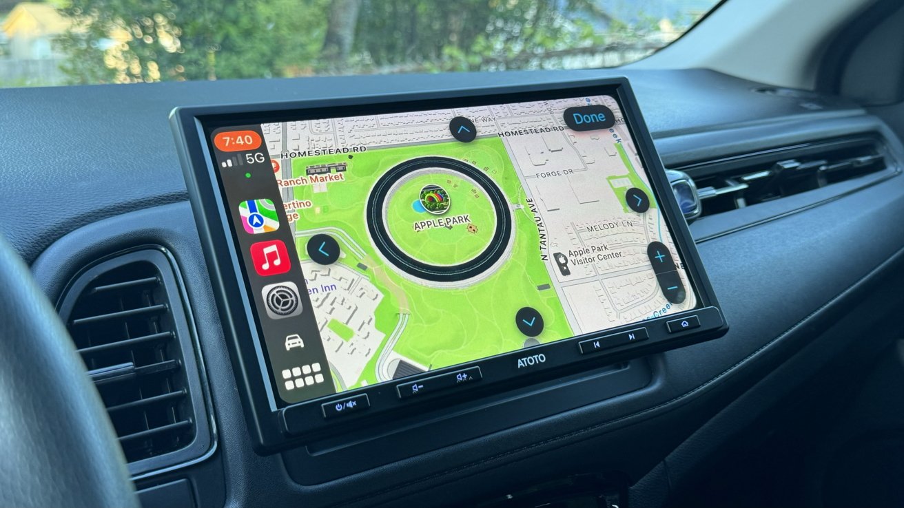CarPlay with Apple Maps open to Apple Park on the Atoto monitor