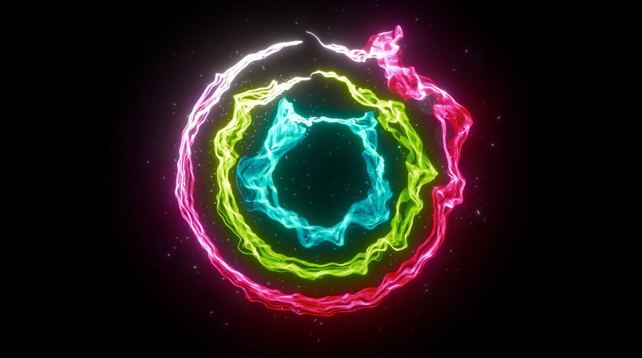 Vibrant neon lights forming an abstract circular portal against a dark starry background.