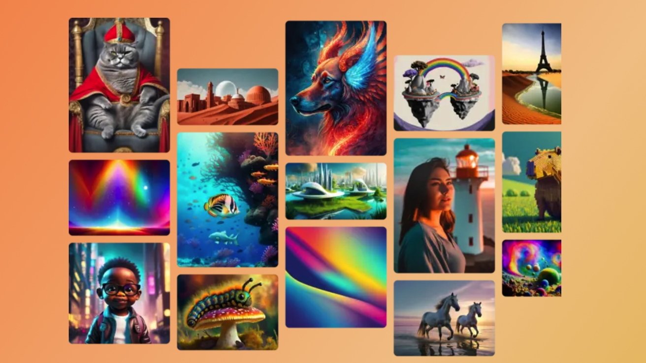 A collage of vibrant artwork including animals, landscapes, abstract patterns, and a person standing by a lighthouse.