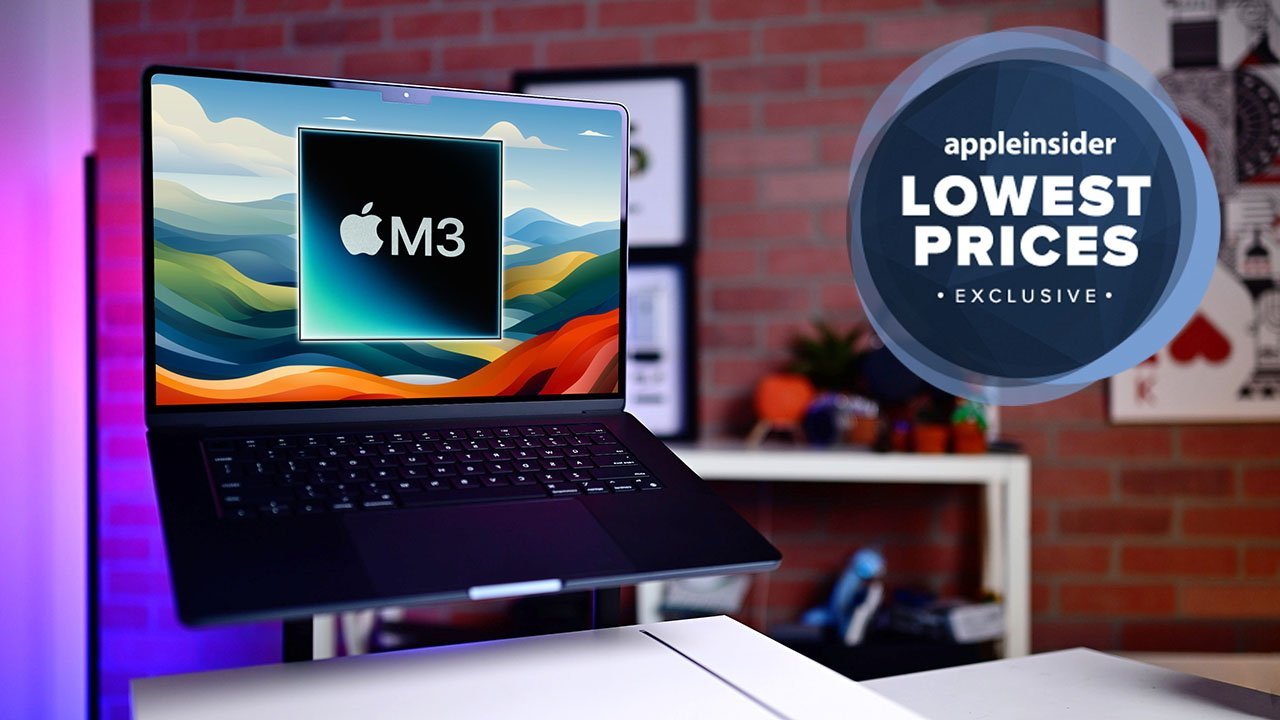 MacBook Air M3 in Midnight with a colorful wallpaper displaying the Apple M3 chip logo, set against a vibrant room background with a promotional badge overlay reading AppleInsider Lowest Prices Exclusive.
