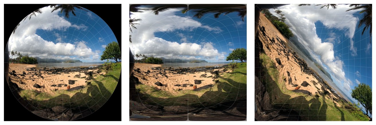 Examples of standard fisheye, equirectangular projection, and Apple's fisheye treatment [Mike Swanson]
