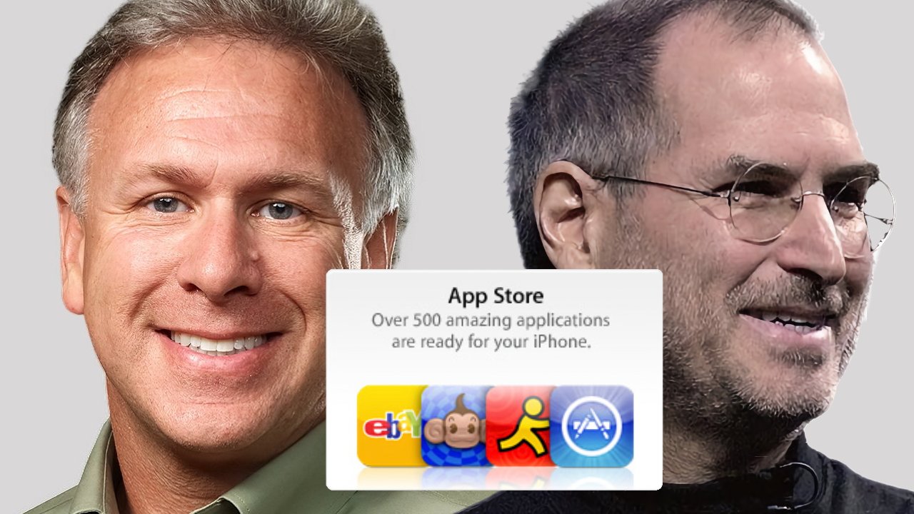 Side-by-side portraits of two smiling men with an App Store card featuring app icons overlaid, implying a technological theme.