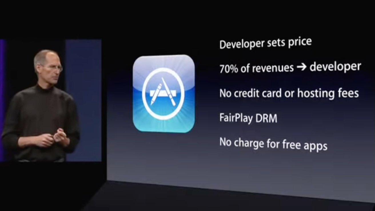 Person presenting on stage with slide showing app icon and text about app development revenue, fees, and DRM.