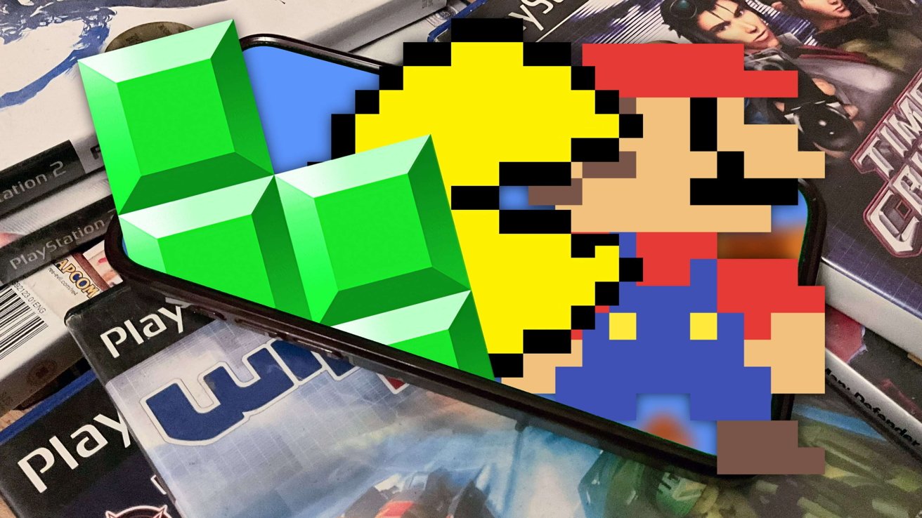 Un bloque de Tetris, Mario y Pac Man en medio de varios casos de videojuegos.