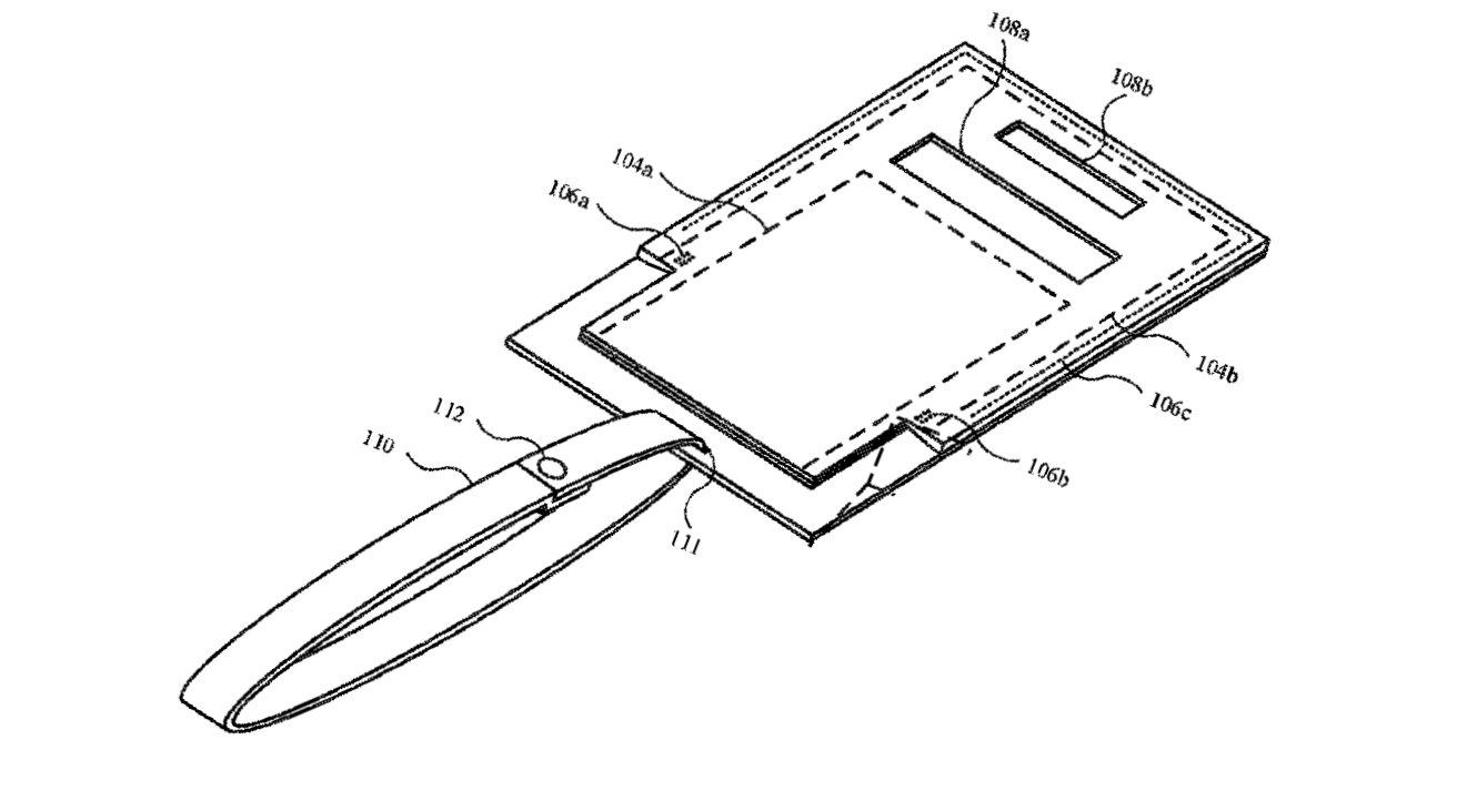 Technical line drawing of a wallet with compartments and a strap, viewed from an angle showing internal features.