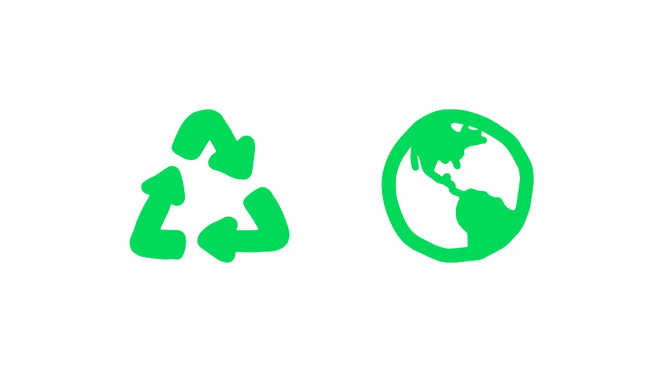 Green recycling symbol on left and green representation of Earth on right, both on white background.