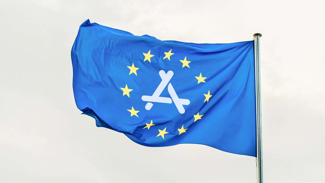 Blue flag with circle of yellow stars and a white overlaid 'A' and a star, symbolizing app store, waving against a pale sky.