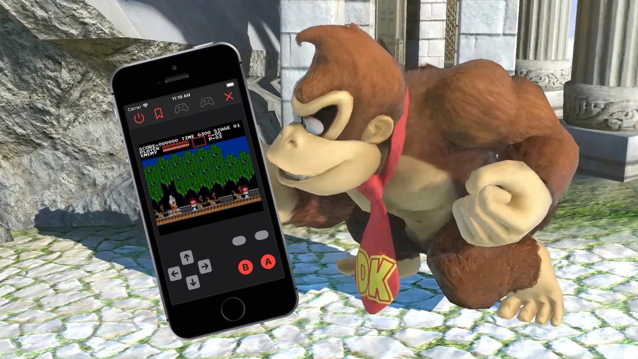 An image taken from 'Super Smash Brothers' on Nintendo 64. Donkey Kong is grappling an iPhone, waiting to pummel the NES emulator displayed on screen.