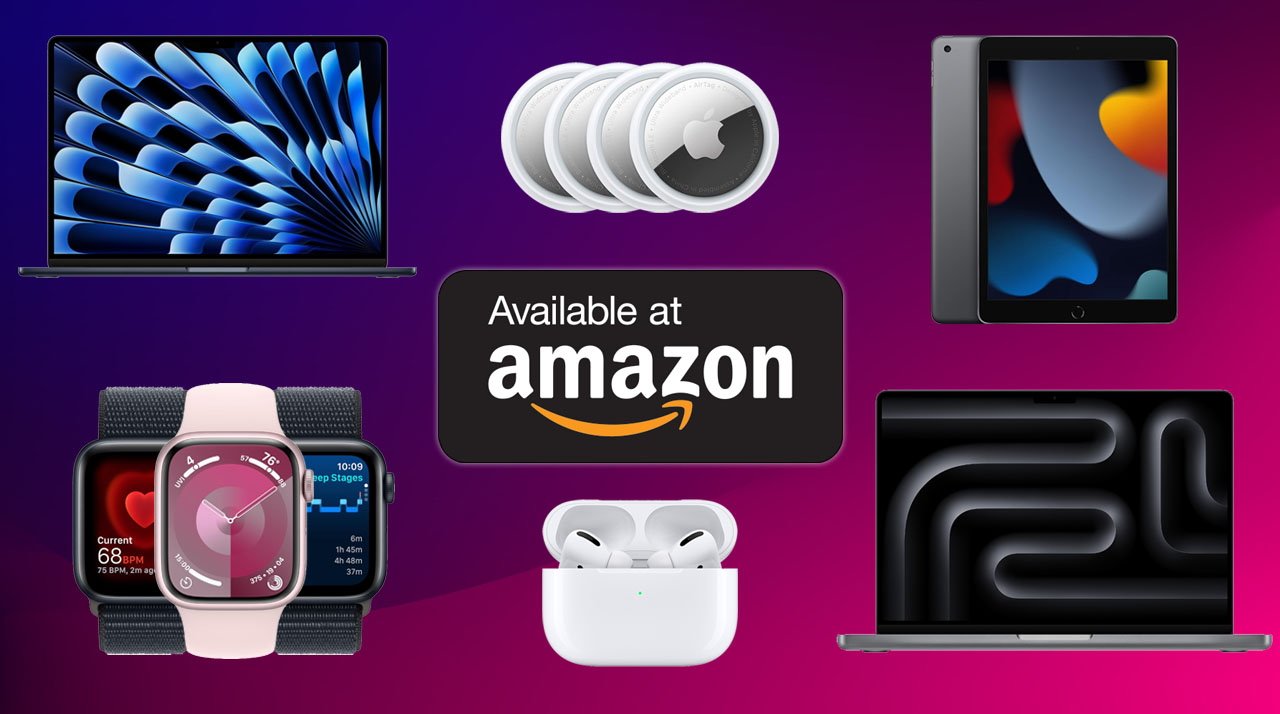 Collage of Apple devices including a MacBook Air, Apple Watch, AirPods Pro and iPad with the text 'Available at Amazon' on a purple background.
