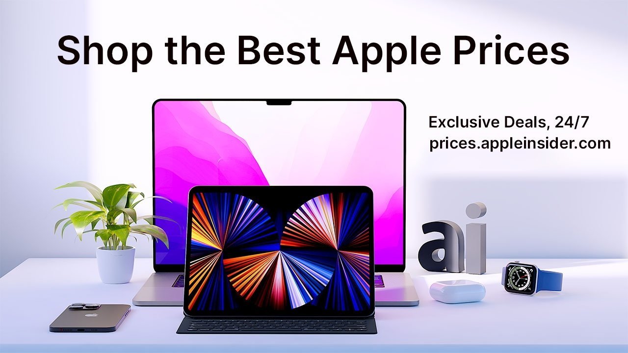 Promotional graphic showing a collection of Apple products with prices.appleinsider.com text for exclusive deals.