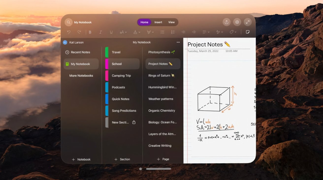 A digital note-taking app interface overlaid on a serene mountainous landscape at sunset, displaying categorized notes and a page with mathematical doodles and formulas.
