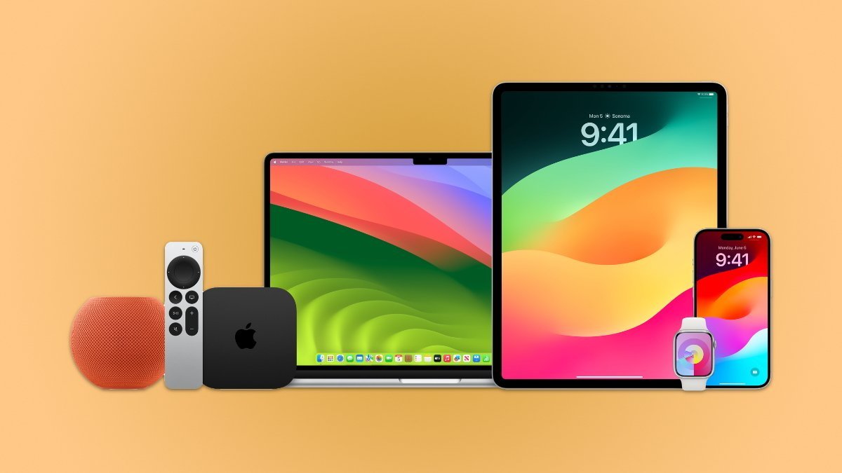 A collection of Apple devices with colorful wallpapers on a warm yellow background.