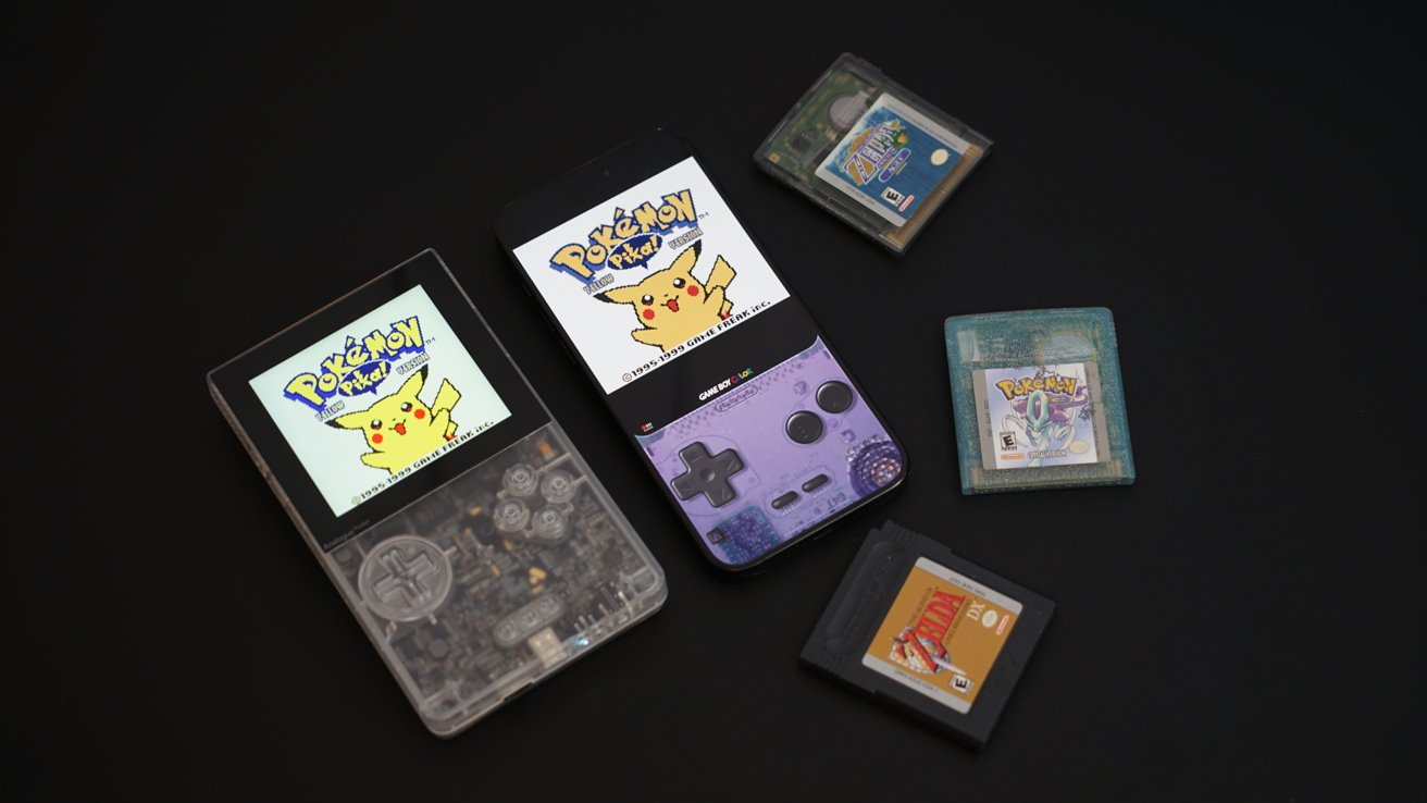 A Gameboy-like device next to an iPhone, both showing the same image from 'Pokemon Yellow'