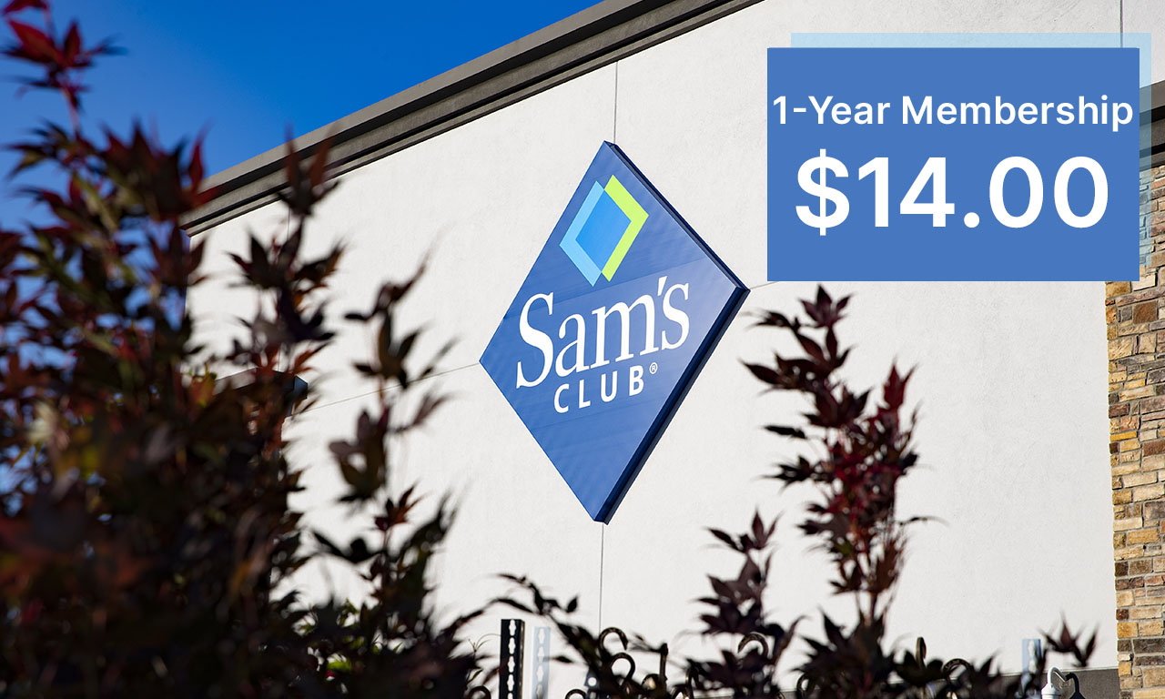 Sam's Club logo on store building with advertised 1-Year Membership for $14.00.