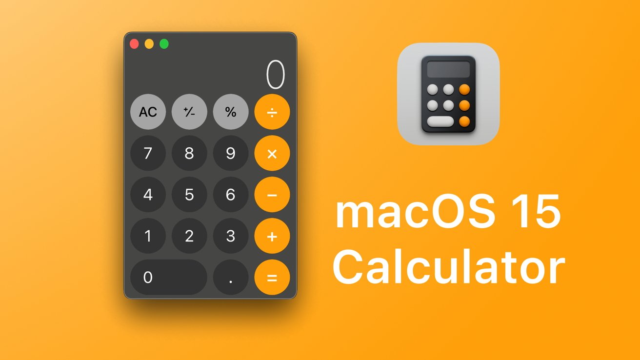 Illustration of macOS 15 Calculator app interface on an orange background with a smaller app icon to the right.