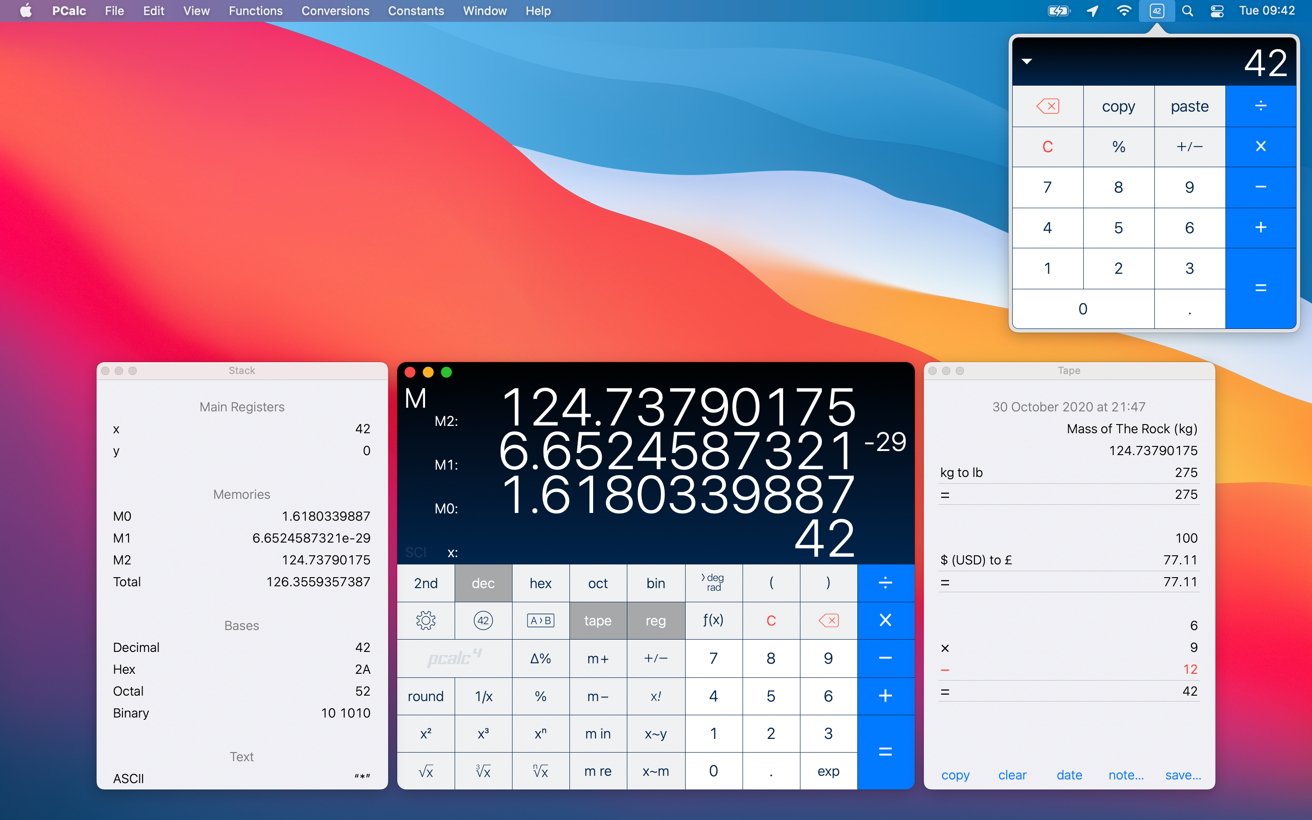 A screenshot showing a colorful desktop background with three PCalc windows displaying various mathematical calculations and conversions.