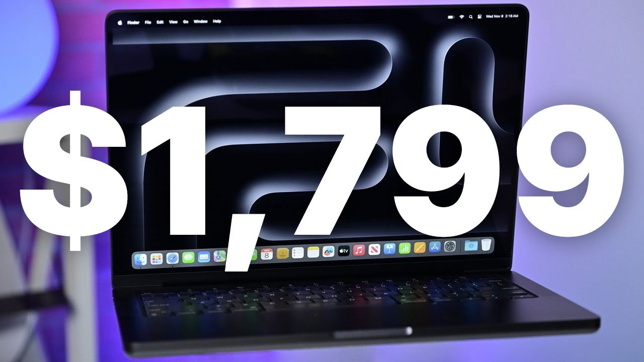 Space Black 14-inch MacBook Pro screen displaying a large price tag of $1,799 with a colorful blurred background.