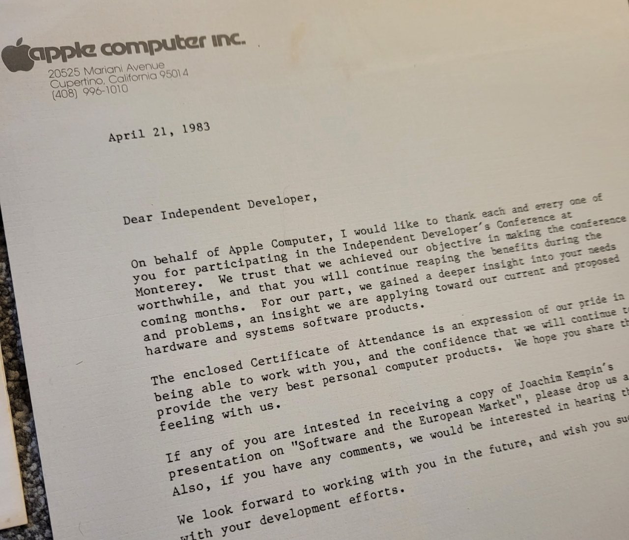 A photo of an old letter from Apple Computer Inc. dated April 21, 1983, addressing an independent developer and expressing gratitude for participation in a conference.