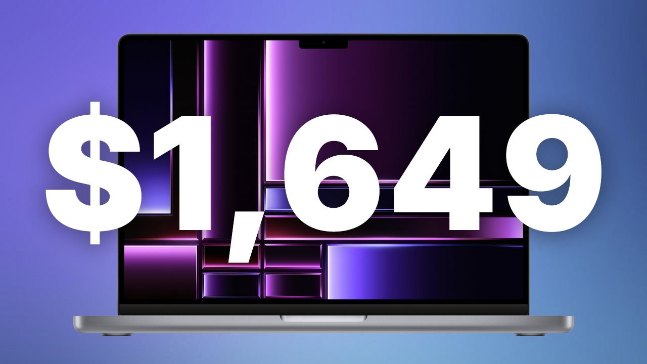 A MacBook Pro with price '$1,649' displayed on its screen, set against a purple and blue gradient background.