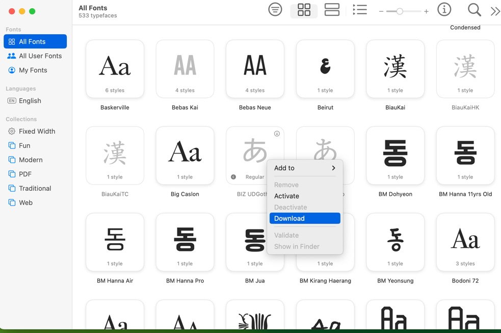 Screenshot of a font management application displaying a selection of typefaces with a context menu open offering options to add, remove, activate, deactivate, download, validate, and show in Finder.