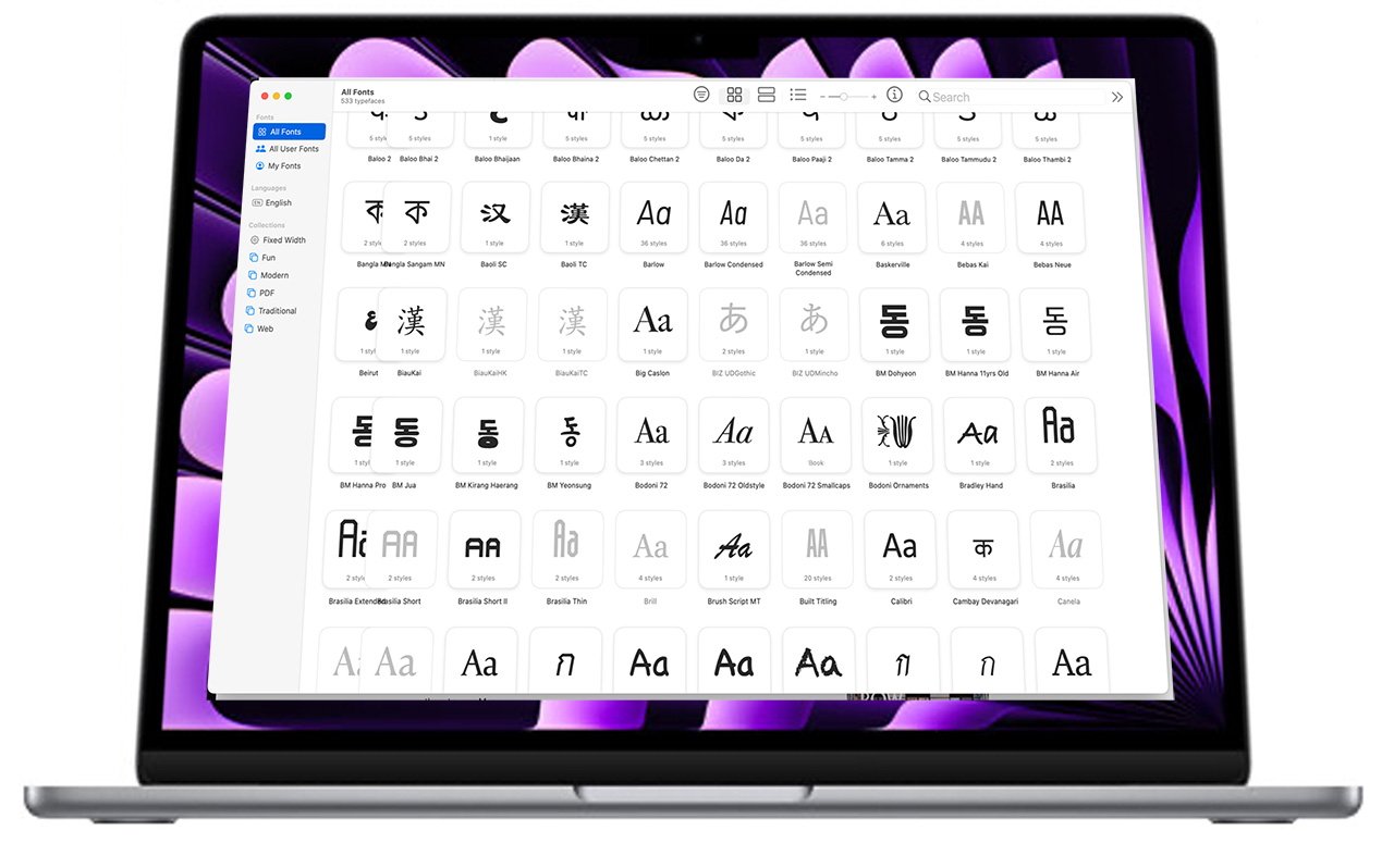 A Macbook Air displaying a font selection interface with numerous font styles and languages.