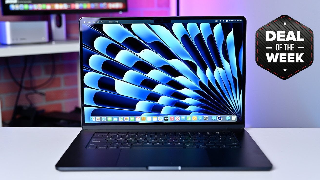 Open MacBook Air laptop on a table showcasing its screen and keyboard with a colorful abstract wallpaper, labeled as 'Deal of the Week' in a badge.