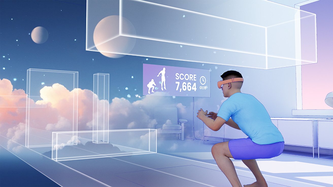A person wearing VR glasses crouches, interacting with virtual objects in a futuristic room with sky and cloud views.