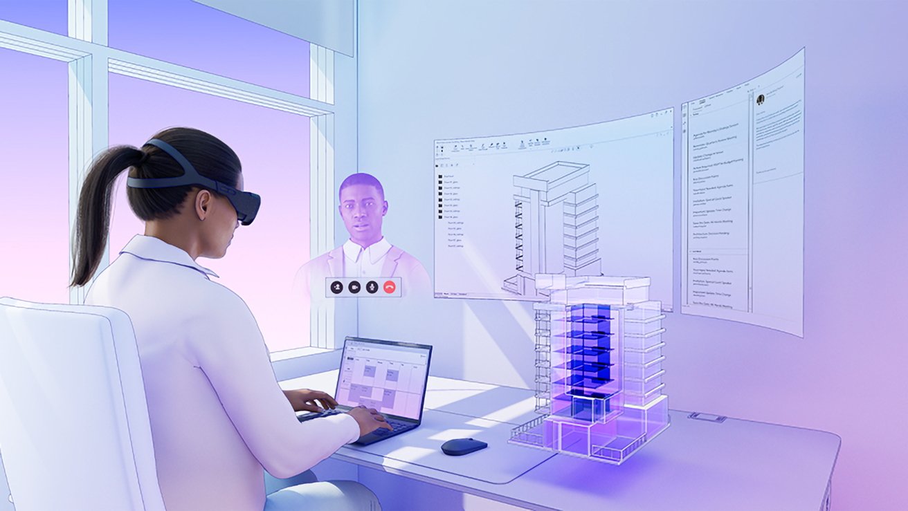 A person wearing AR glasses at a desk with holographic displays, interacting with a virtual meeting and 3D architectural model.