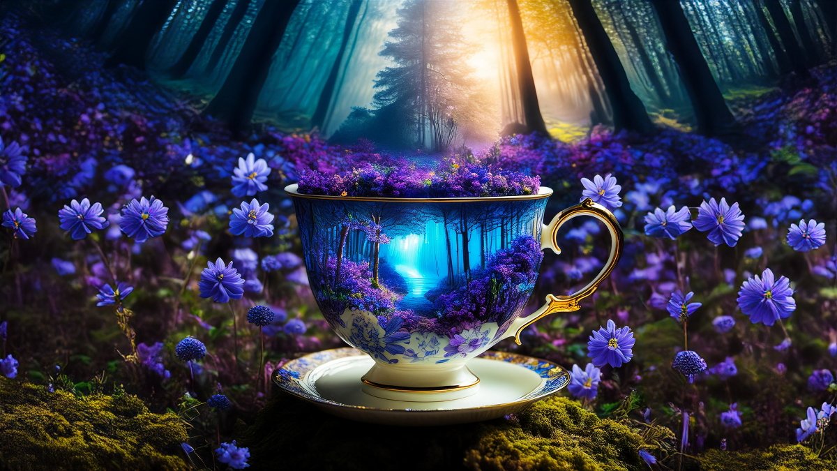 Decorative teacup filled with purple flowers that blend into a mystical forest background with shafts of light illuminating the scene.