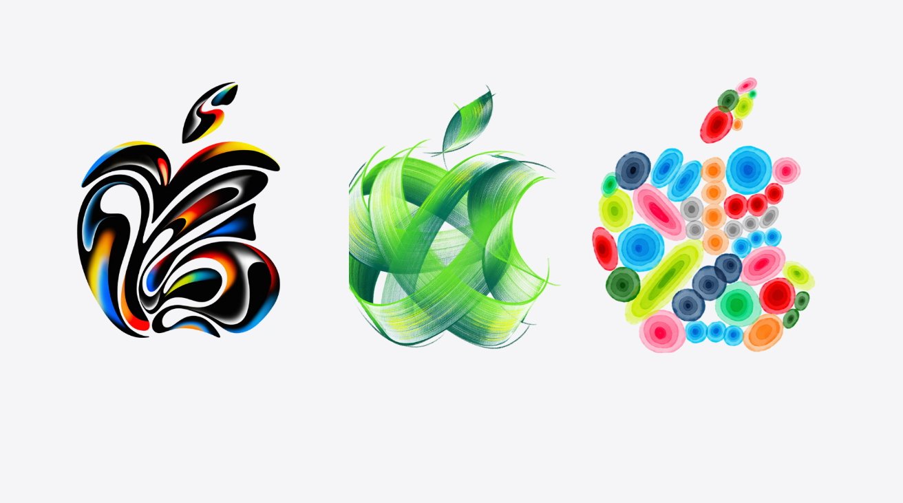 Three artistic interpretations of an apple logo in vibrant colors and unique textures on a white background.