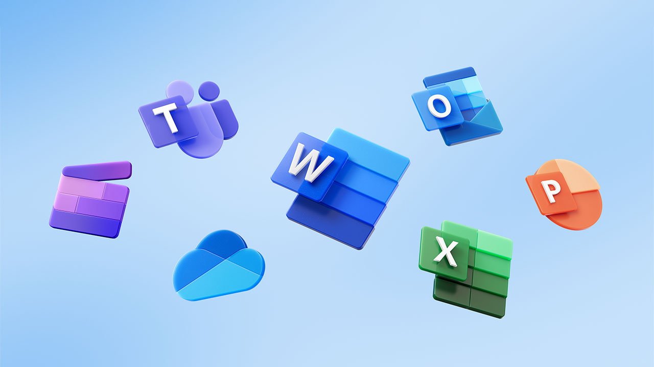 Floating Microsoft Office icons against a blue background, including Word, PowerPoint, Excel, Outlook, Teams, and OneDrive.