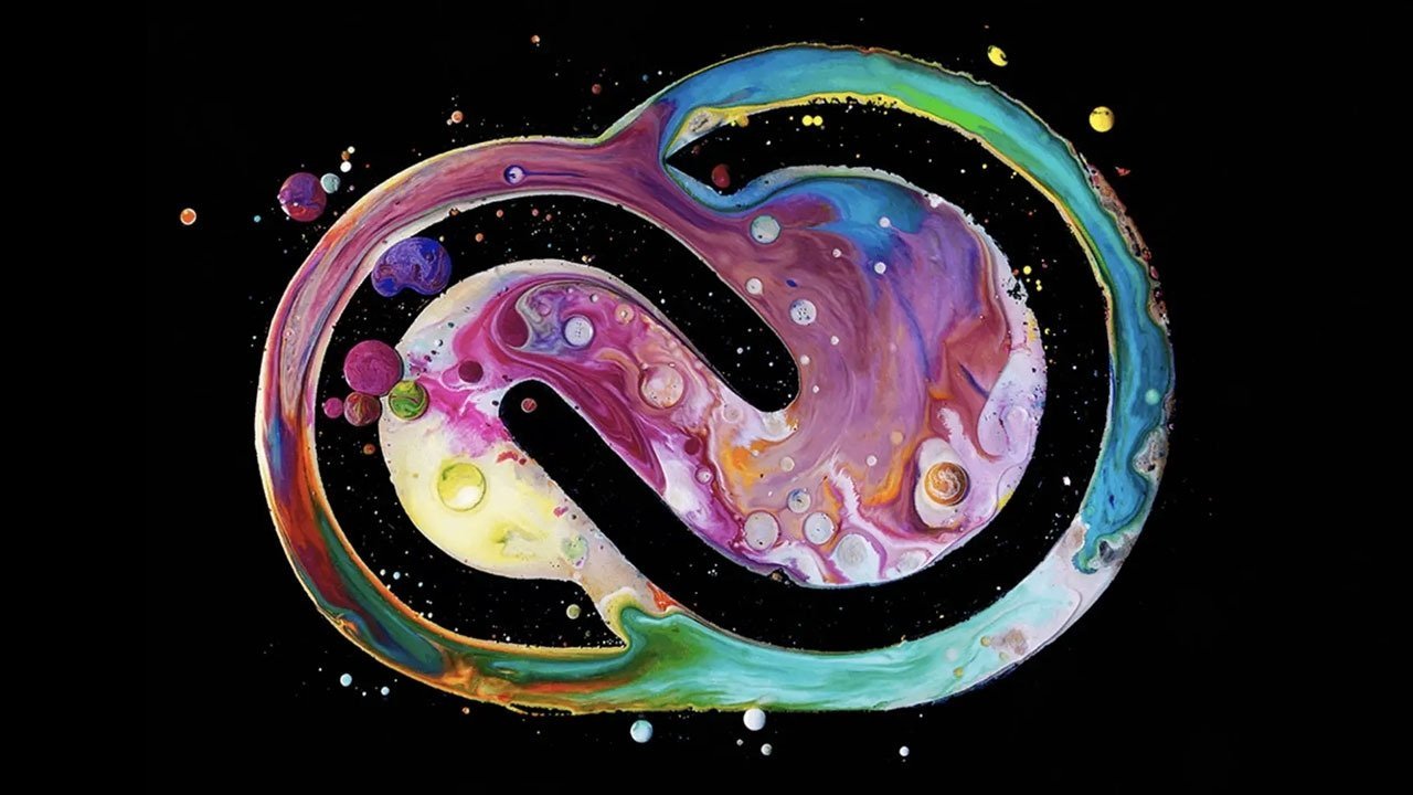 Vibrant swirling colors forming an abstract Adobe Creative Cloud logo resembling a fluid yin-yang symbol against a black background.