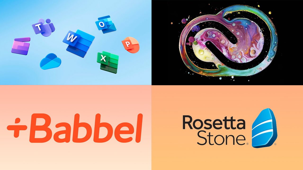 Collage of four logos representing Microsoft 365 apps, Adobe Creative Cloud, Babbel and Rosetta Stone language learning software.