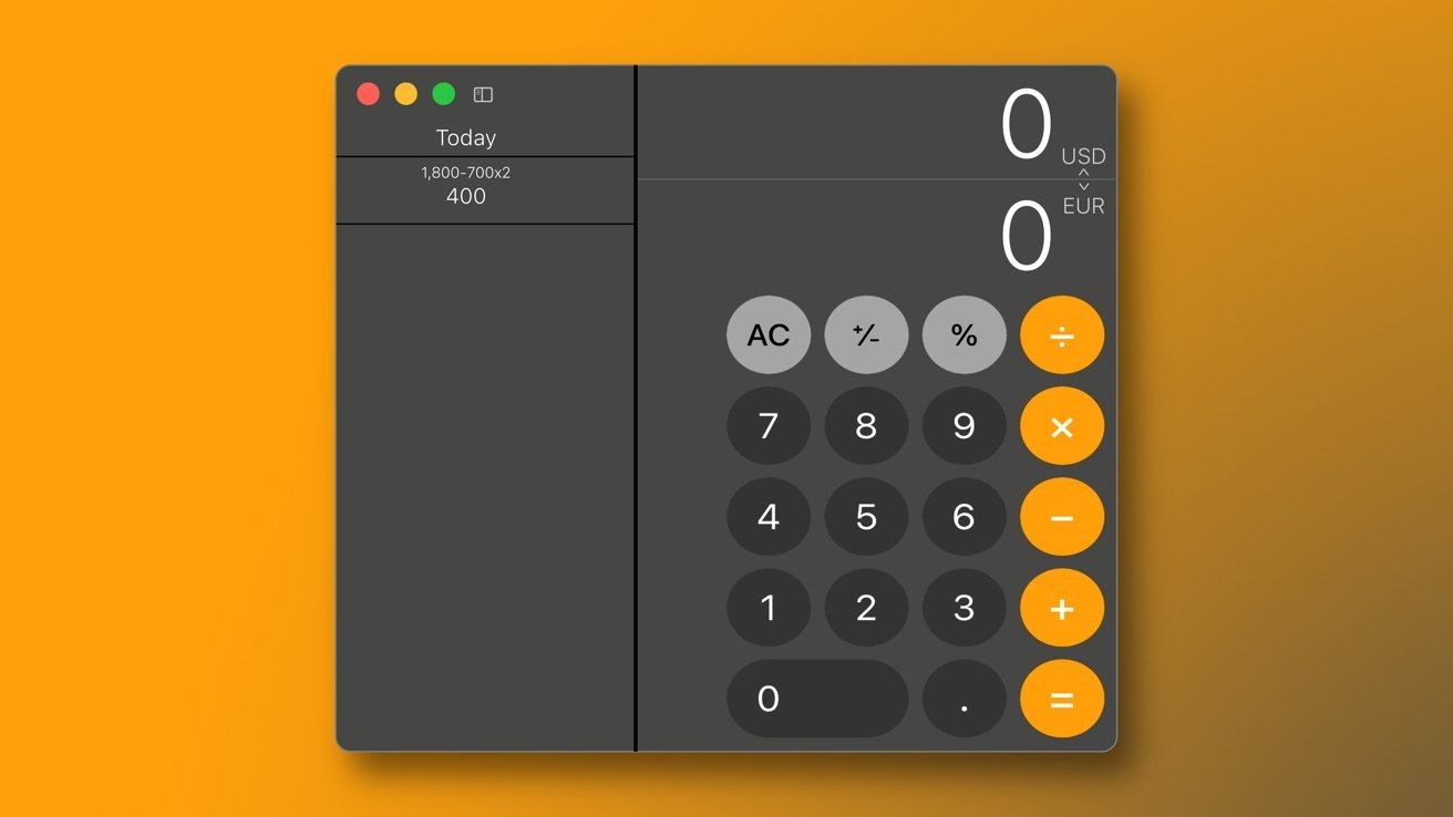 Graphic calculator interface with buttons for mathematical operations and currency conversion options displayed on an orange background.